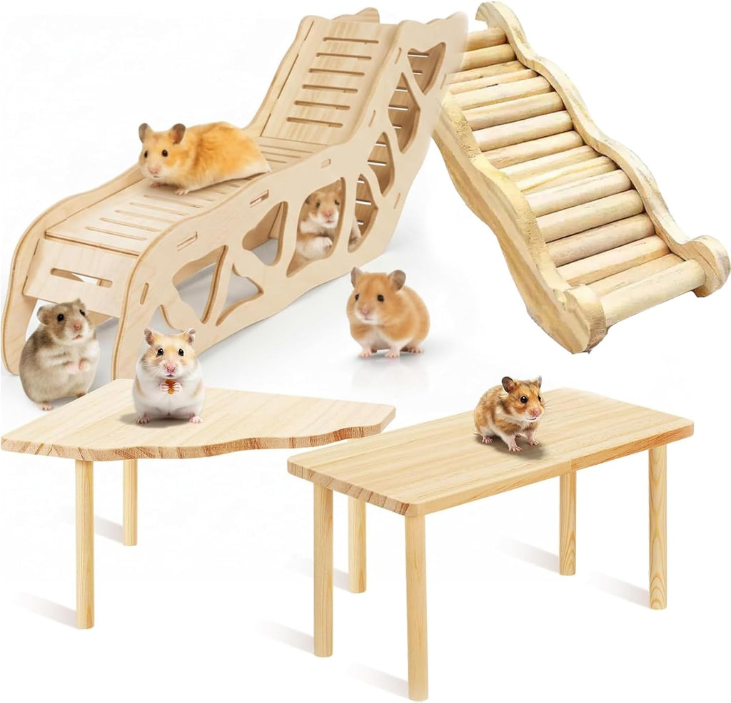 4PCS Wooden Hamster Platform Set, Tunnel Ladder Playhouse Hamster Game Climbing Toy with Ladder Platform Table Climbing Ramp, Cage Decor for Syrian Dwarf Hamsters, Gerbils, Mice