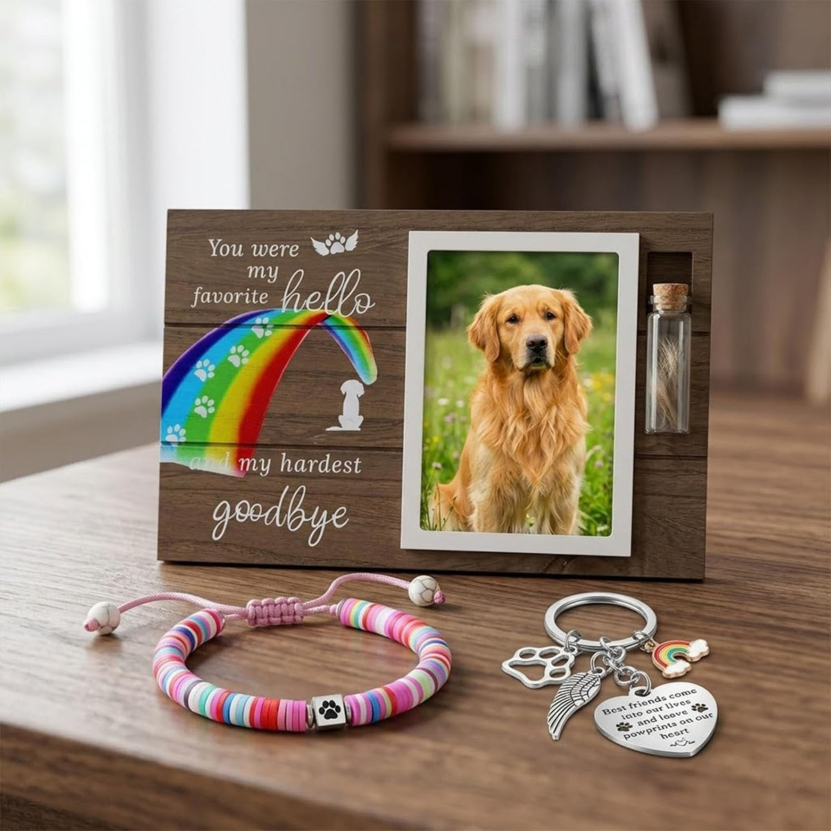 Rainbow Bridge Dog Memorial Gifts for Loss of Dog - Rainbow Bridge Pet Memorial Picture Frame Set with Fur Jar, Bracelet & Keychain - Sympathy Remembrance Keepsake for Pet Lovers