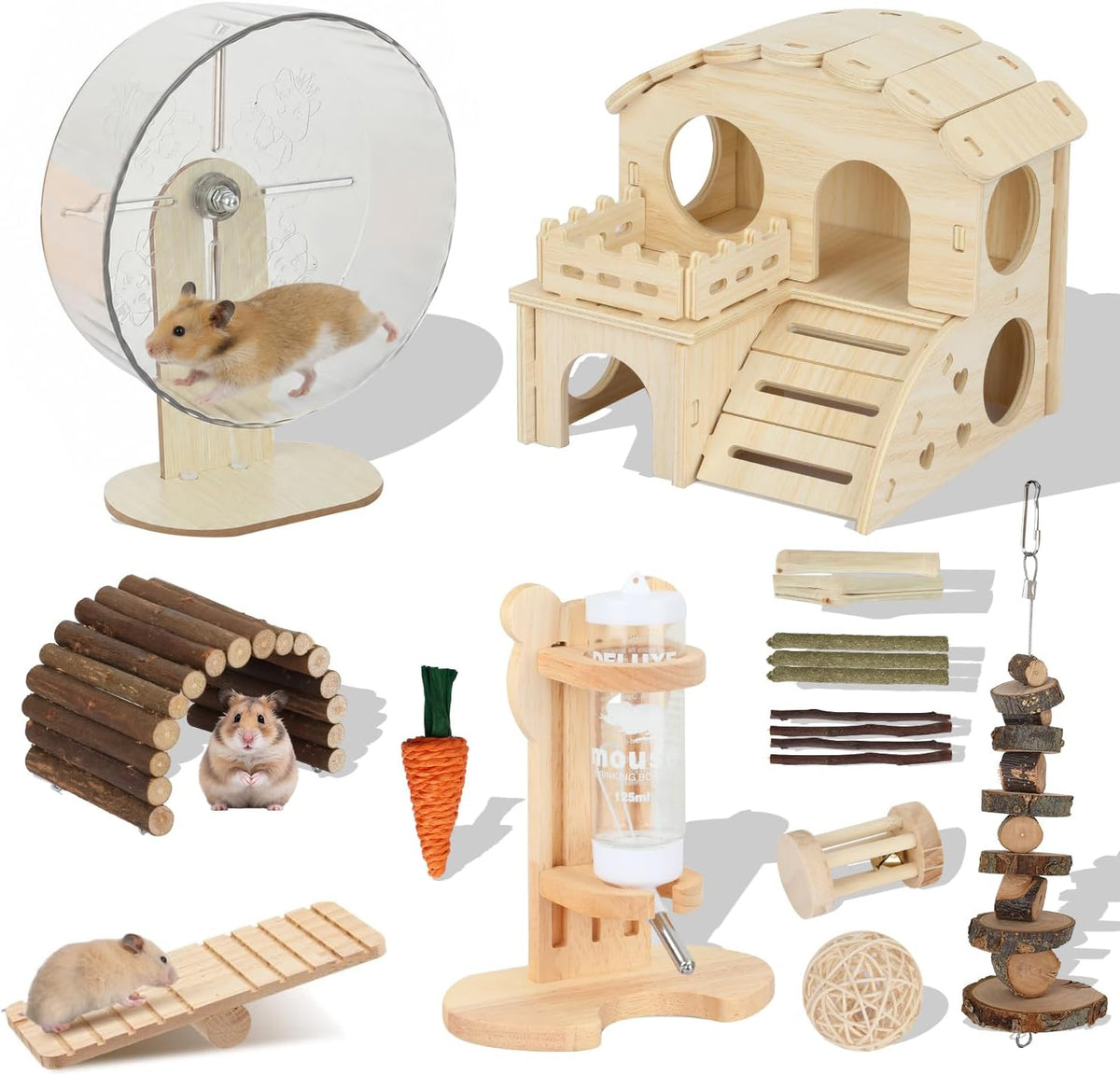 Hamster Cage Accessories, Silent Hamster Wheel, 16 Chew Toys Set, Maze Wood House and Water Bottle Set for Rat Mice Small Animals Habitat，Chewable Strings, Bell Drum, Seesaws, and Bridges (Foundation)