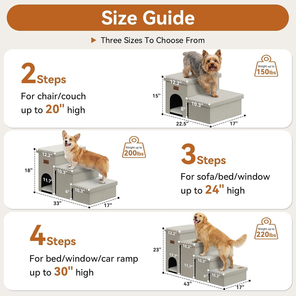 Zerbuger 4 Step Beige Dog Stairs with Storage, 23" High Folding Pet Steps