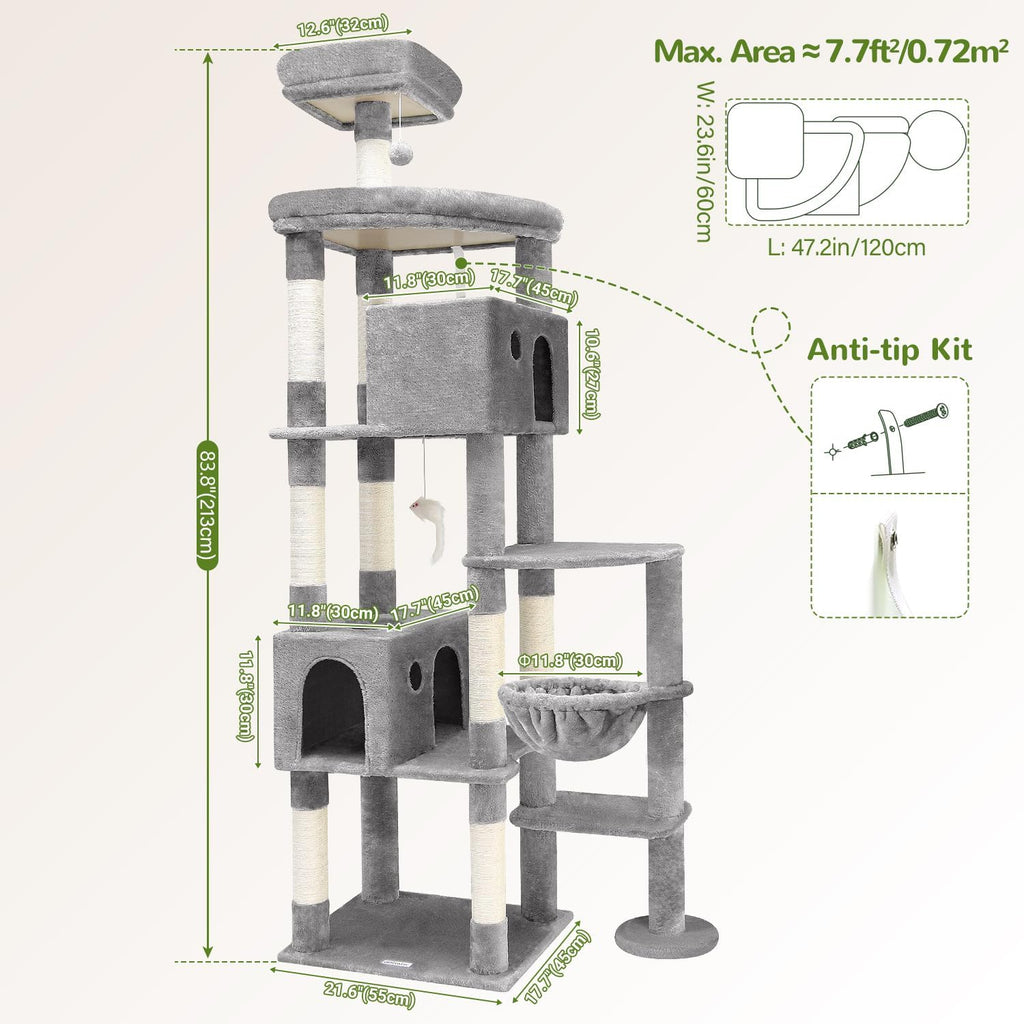 Globlazer Giant Cat Tree for Indoor Large Cats, 83in, F83, Light Grey