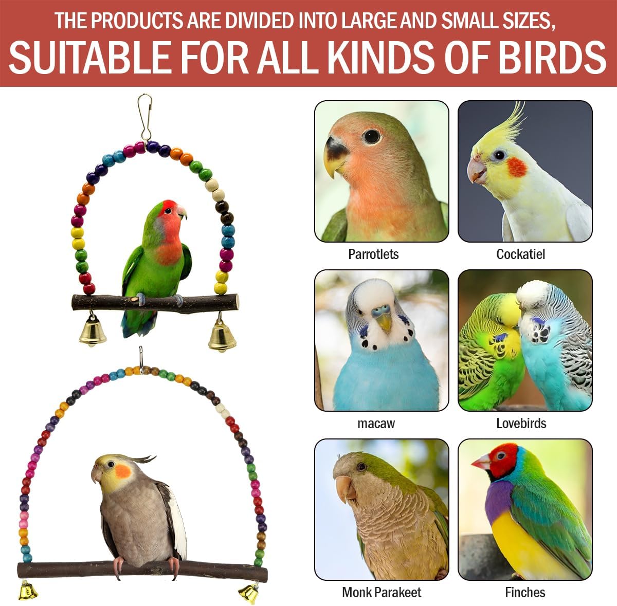 2 Pcs Wooden Bird Swing for Cockatiels Parakeets - Natural Wood Perch Hanging Toy with Colorful Beads Bell, Birdcage Climbing Accessories for Lovebirds Conures Budgies