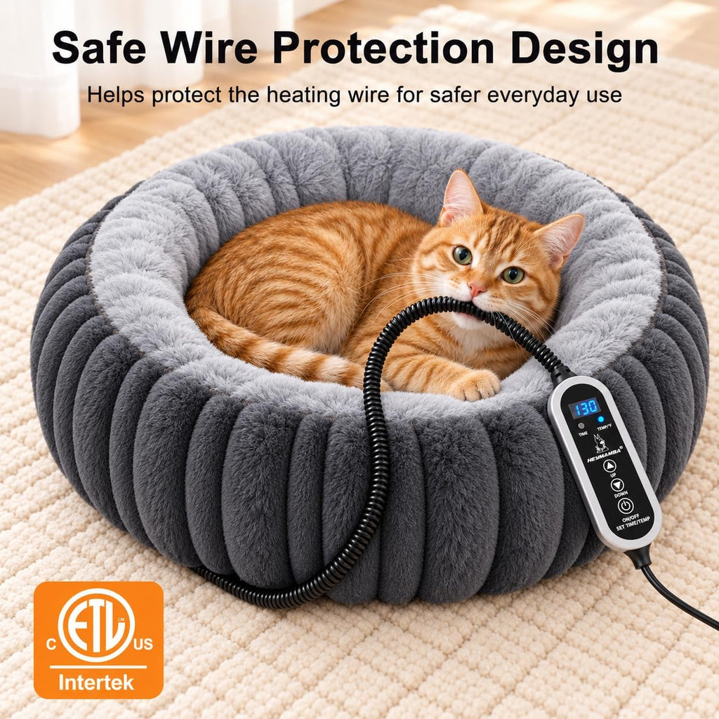 Heated Cat Bed for Indoor Cats - 20" Machine Washable Heated Pet Bed, Gray
