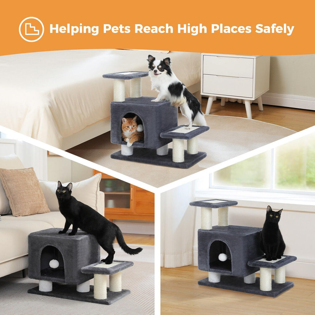 3-in-1 Cat Stairs with Scratching Post & Condo, Pet Steps, Dark Grey
