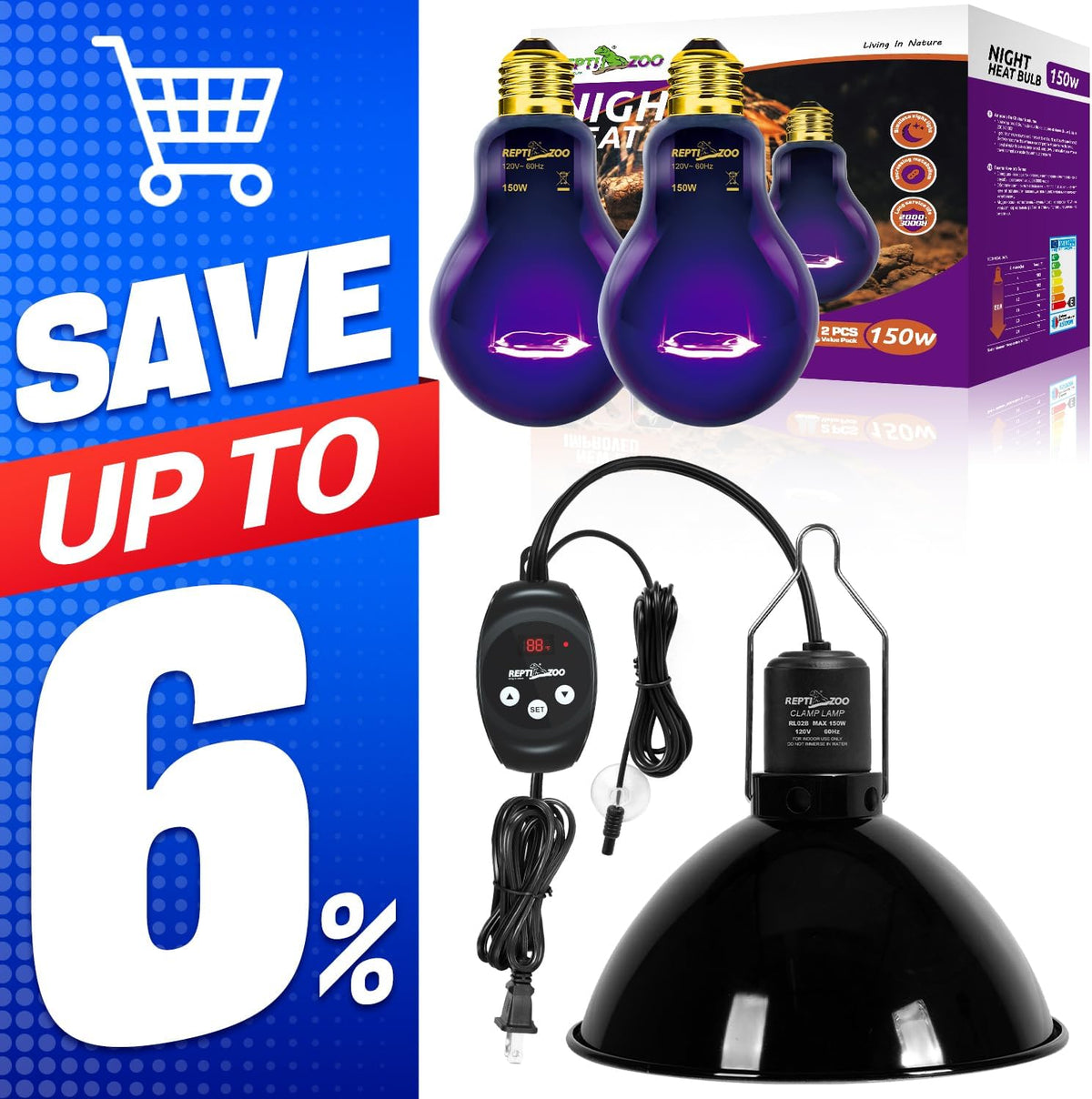 REPTI ZOO 8.5 Inch Deep Dome Reptile Light Fixture with Dimming Temperature Controller & 2PCS Reptile Heat Lamp 150W Night Heat Lamp Moonlight Bulb Purple Infrared Heating Lamp