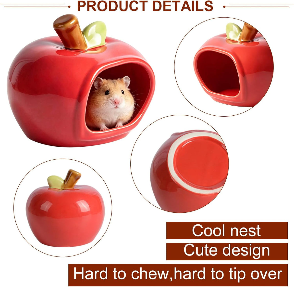 Ceramic Hamster Hideout, Cozy Pet House for Gerbil & Mice, Red, Large
