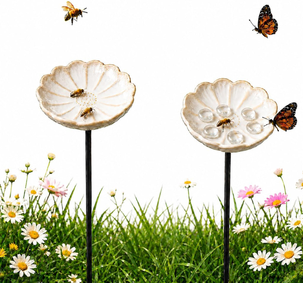 2 Pack Ceramic Bee Watering Station with Stake, Bee Bath for Garden (White)