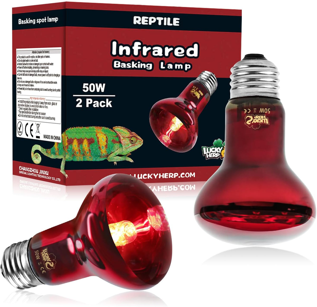 LUCKY HERP Infrared Heat Lamp 100W 2 Pack，Reptile & Amphibian Basking Spot Light Bulbs, Red Heat Lamp Bulbs for Reptiles, Bearded Dragon, Turtle, Lizard, Snake, Chicken