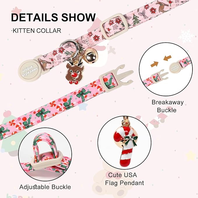 Christmas Cat Collar, Unique Style Paws Kitten Collars, Cute Pink Cats Collar - Image 3
