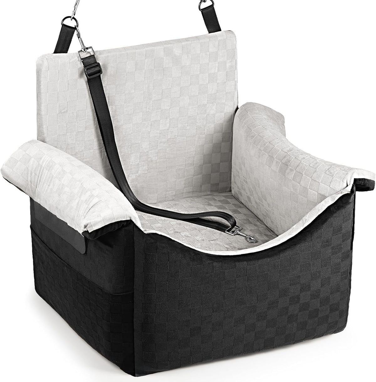 Elevated Dog Car Seat for Small Medium Dogs Under 30 lbs, Memory Foam Elevated Booster Seat with Headrests Support, Travel-Safe Car Bed with Detachable Washable Cover & Safety Belt