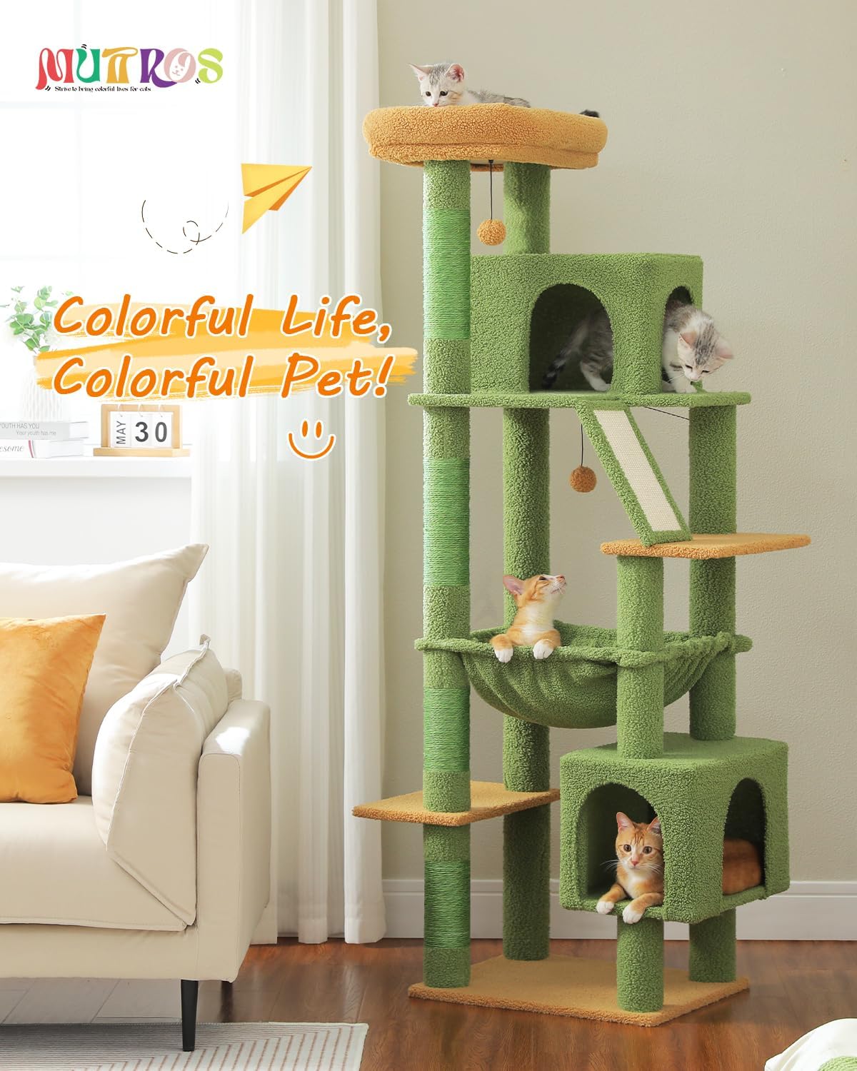 MUTTROS 71" Cactus Cat Tree for Large Cats, Hammock & 2 Condos, Green