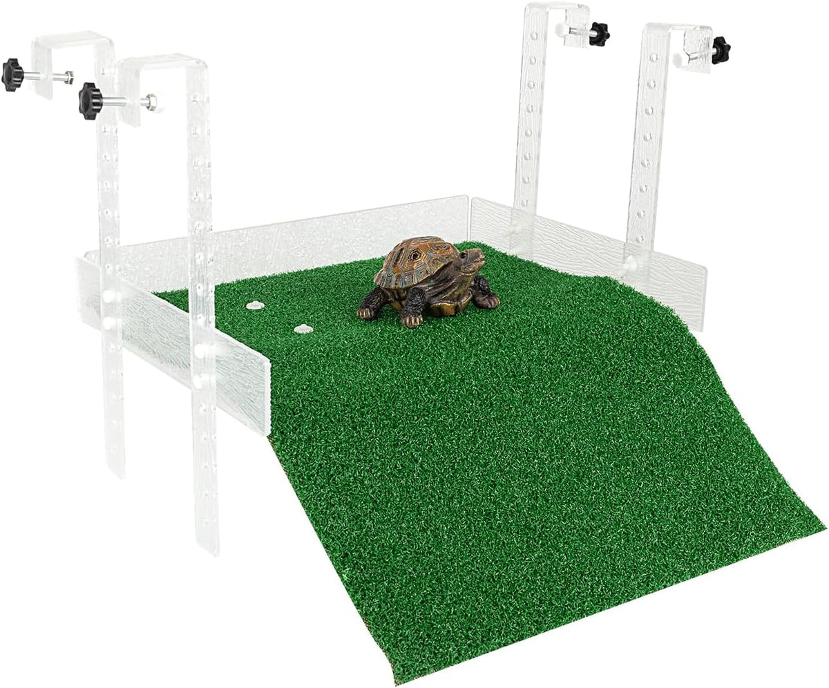 Hanging Turtle Basking Platform,with a Non-Slip Lawn That Covers Platform and Ramp,Adjustable,Fit for 15.6-19.5 Inches Width Tank,Essential for Turtle Tank Aquatic Turtles