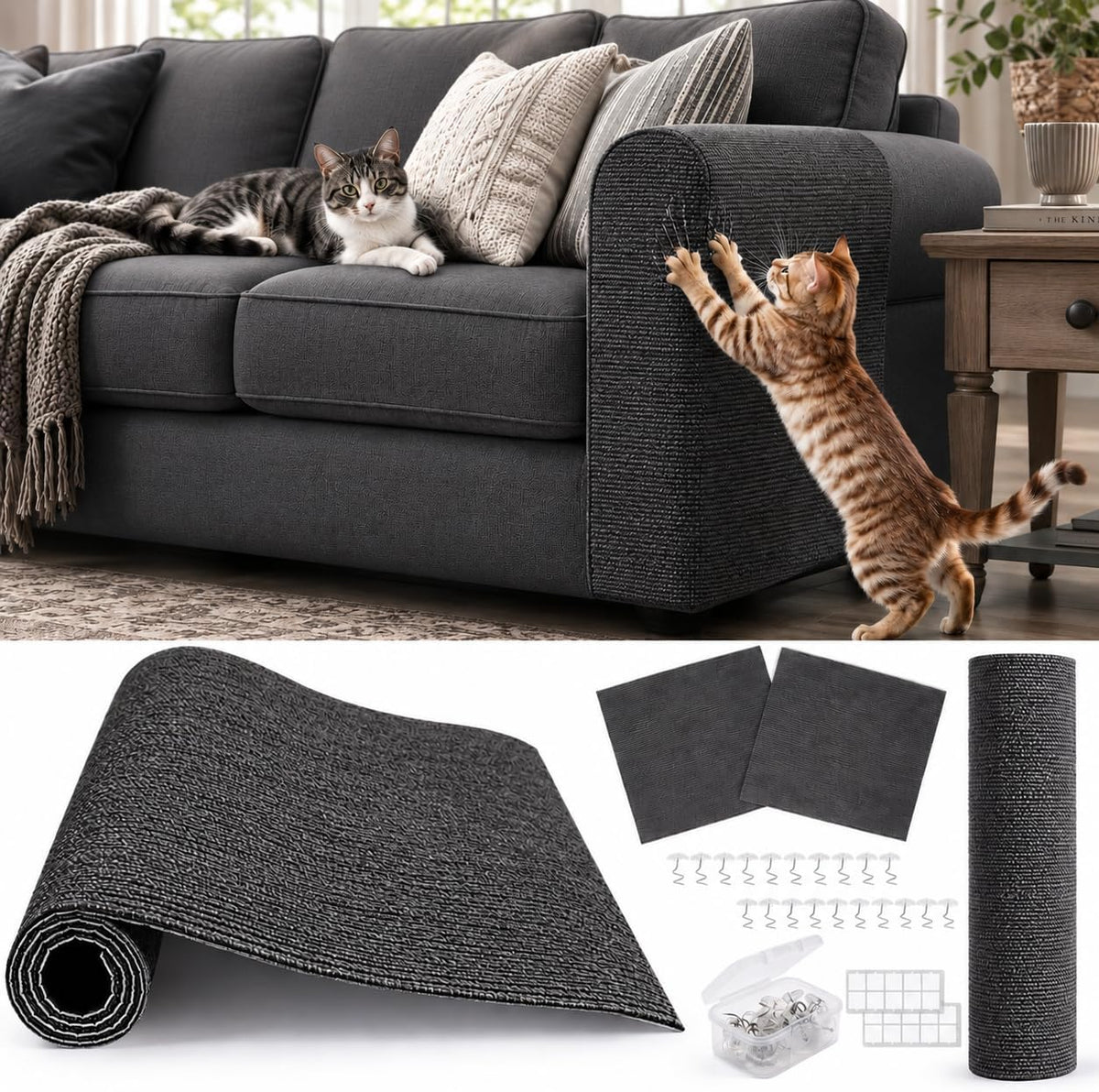 4Pack Cat Scratch Furniture Protector, Self-Adhesive, Light Gray