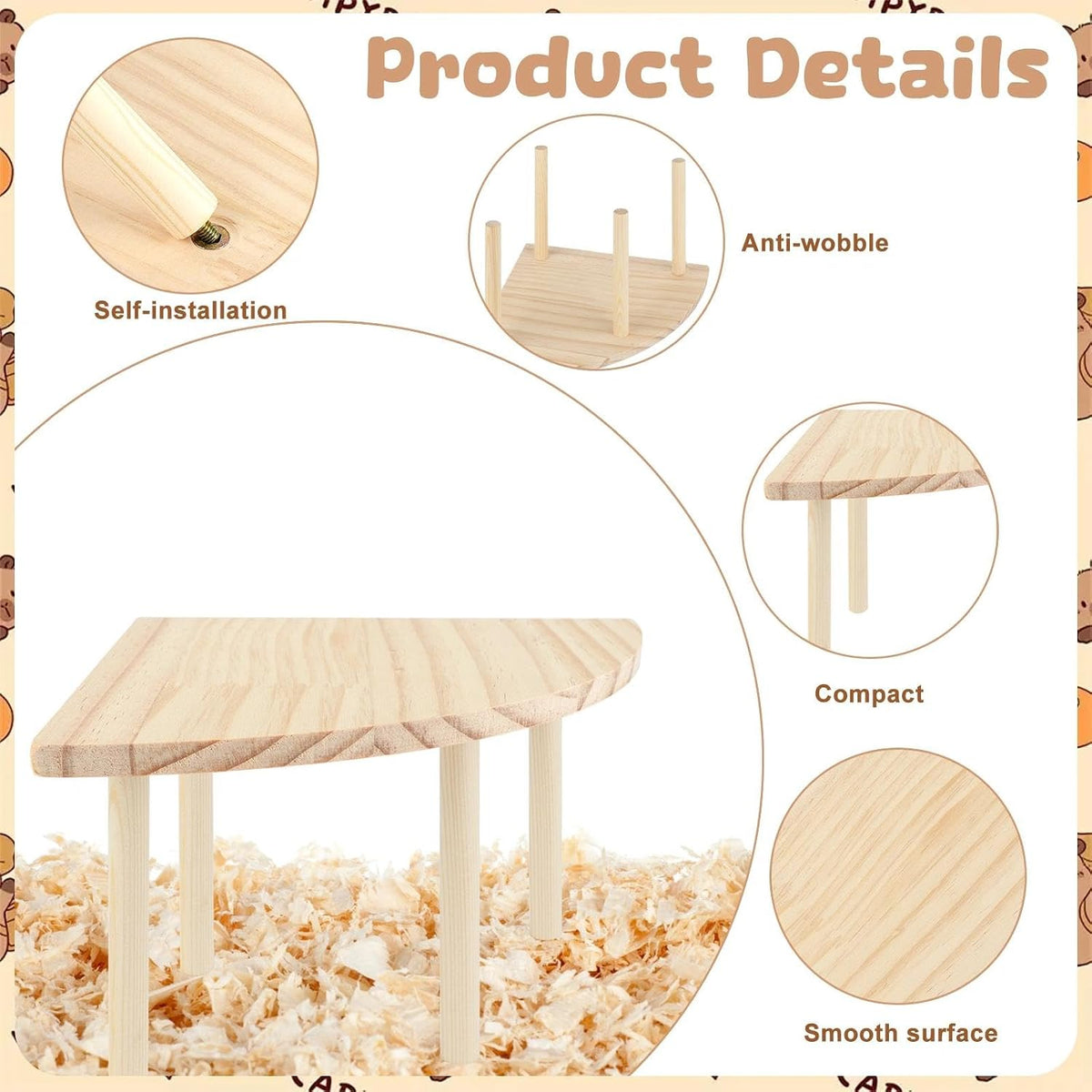 2 Sets Solid Wood Hamster Platform & Corner Platform, Small Pet Cage Accessories for Dwarf Syrian Hamsters Gerbils Mice Degus