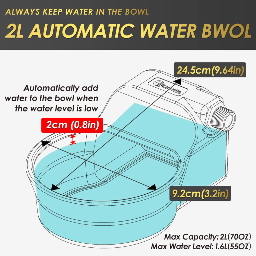 Automatic Dog Water Bowl Dispenser Patented 70OZ Water Dispenser for Dogs 2L Water Bowl Fit 3/4in GHT Male Faucet Outdoor Automatic Water Bowl Include Automatic Water Fill Valve Adapter 5ft Water Hose