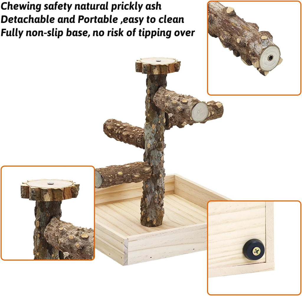 BNOSDM Portable Bird Perch Stand with Potty Tray, Natural Wood Tabletop Training Gym Parrot Playground Toy for Budgies, Cockatiels, Lovebirds,Conures Canaries