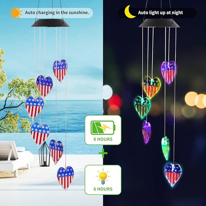 American Flag Solar Wind Chimes, Heart-Shaped Love Patriotic Wind Chime Color - Image 7
