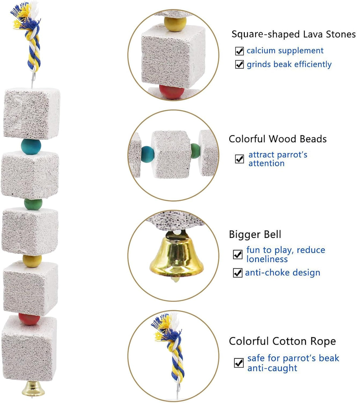 2 Pack Large Bird Chewing Toy, Parrot Beak Grinding Calcium Stone with Bells, Bird Cage Accessories, Cage Toys for Cockatiel Parakeet Parrot Budgies Rat Hamster Chinchilla Rabbit Bunny African Grey