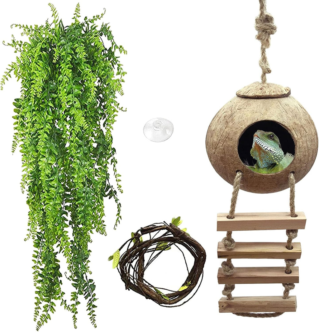 PINVNBY Crested Gecko Coco Hut with Ladder Natural Lizard Coconut Shell Hideout Home Mini Condo for Reptiles Durable Cave Habitat with Hanging Loop Coconut Texture Provide Food for Pets