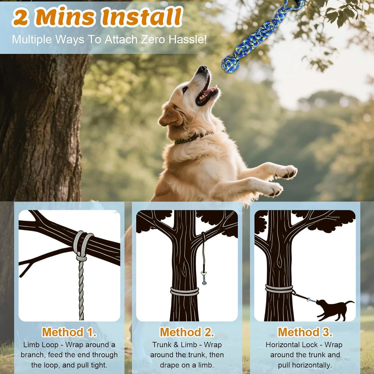 Interactive Dog Bungee Tug Toy Outdoor Hanging Tree Dog Rope Toy with Black Sun-Resistant Rope & Blue Pull Ball Adjustable Tether Tug for Small to Large Dogs Yard Play