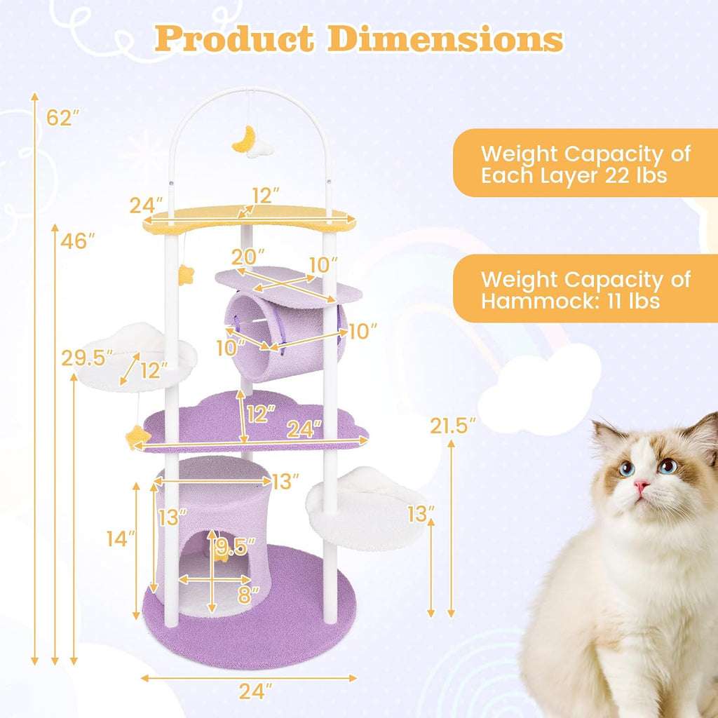 Tangkula Cute Cat Tree, 62 Inch Multi-Level Large Cat Tower with Metal Frame, Moon-Shaped Top Perch, Jumping Platforms, Cat Condo, Tunnel & Hanging Toys, Purple Cat Tree Tower for Indoor Cats