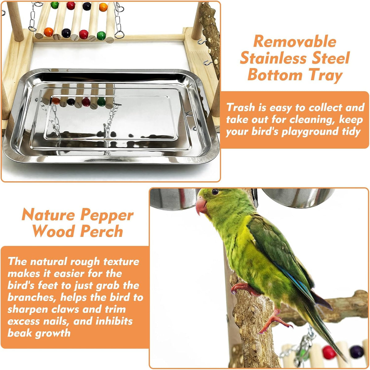 Parrot Play Stand Parakeet Playground Bird Jungle Gym Wood Conure Playstand Hanging Chewing Toys with Feeder Cups and Swings Bird Cage Accessories for Cockatiel Lovebirds Budgie