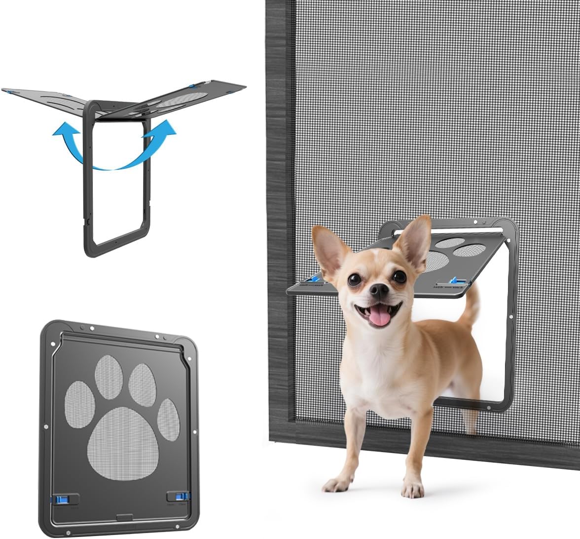 Small Pet Screen Door, Inner 8"×10" Magnetic Self-Closing Flap, Lockable Small Dog and Cat Door for Sliding Screen Door, Black