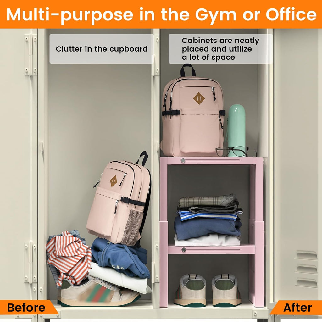 Locker Organizer Shelf Pink, Metal Adjustable Width and Height, Ideal Locker for School, Office, and Gym Lockers, Locker Shelves Organization Accessories