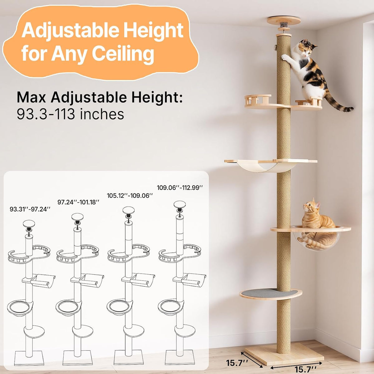 Floor to Ceiling Cat Tree Tower, 4T Adjustable Height 93.3-113”