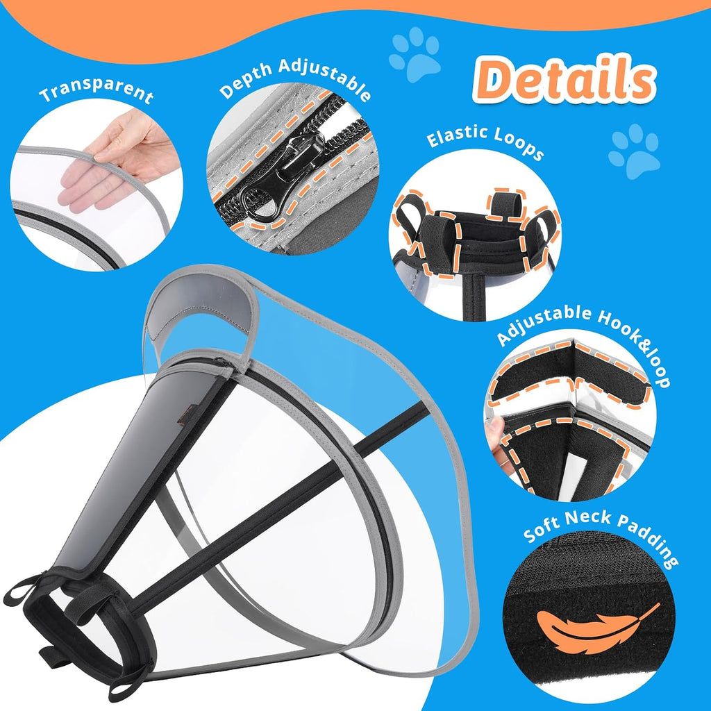 Extended Dog Cone to Stop Licking, Adjustable Depth, Transparent