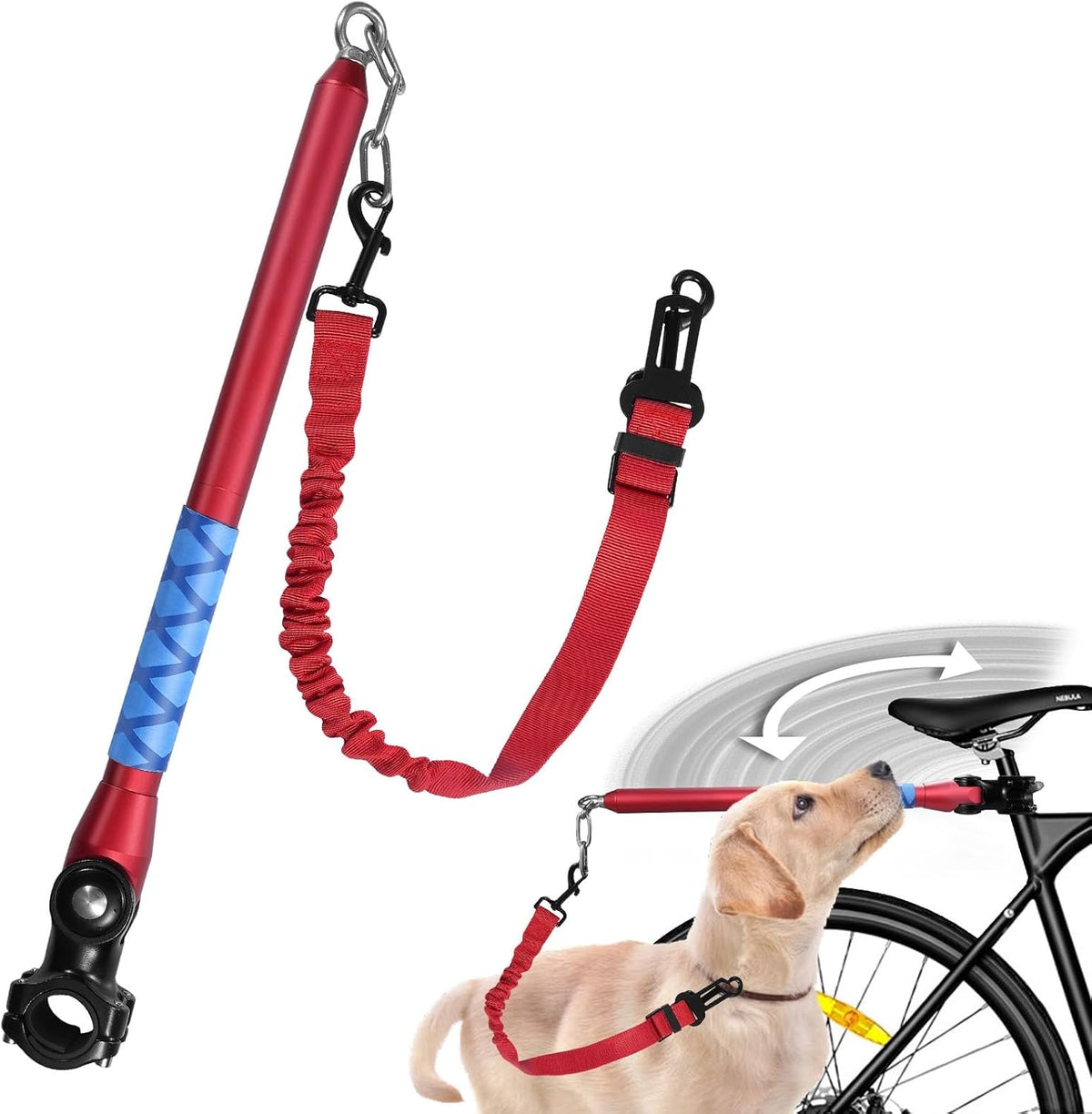 Bicycle Dog Leash for Riding, Hands Free 150° Rotating Built-in Shock Absorber Bike Retractable Leashes for Cycling, Elastic Nylon Adjusted Car Holder Seat Belt Rope (Black)