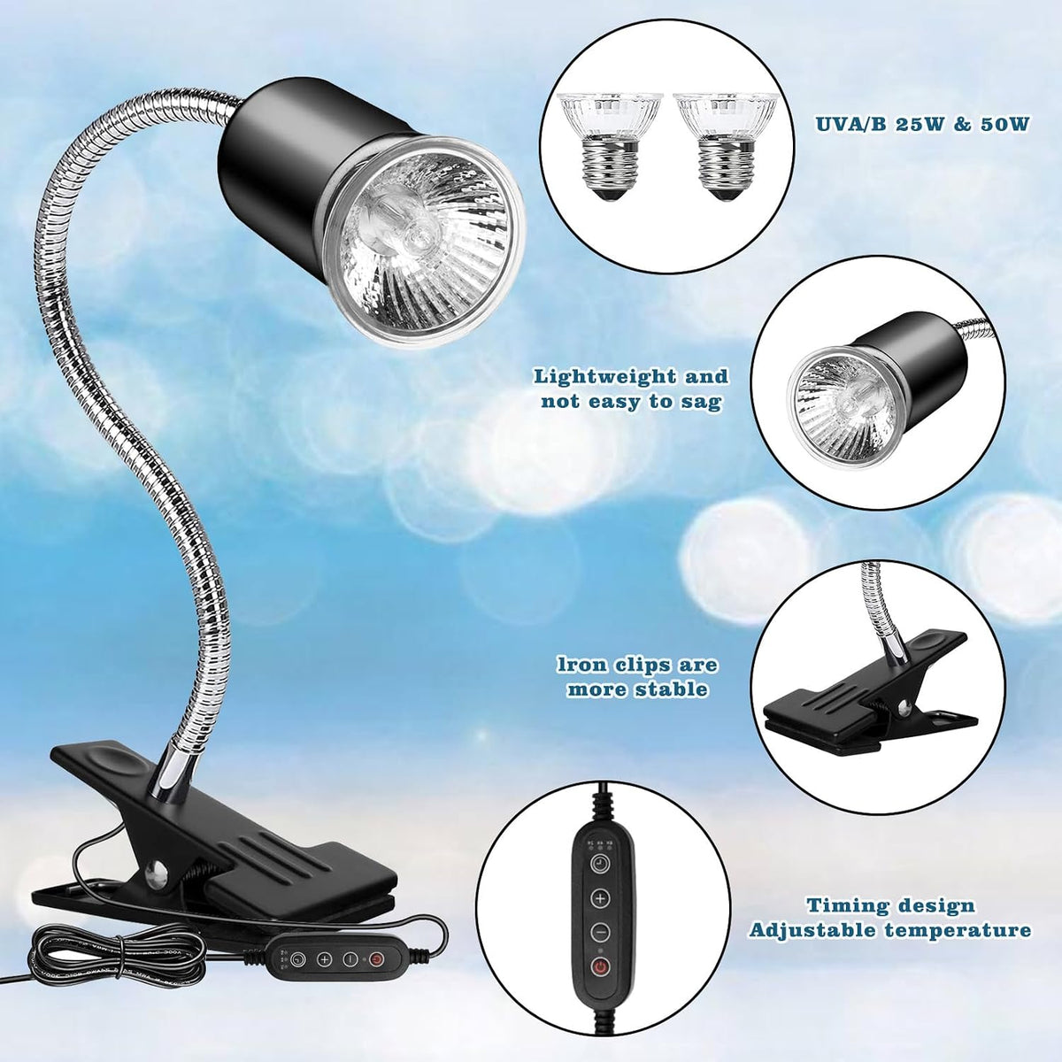 Hermit Crab Heat Lamp, Reptile Heat Lamp with Clamp, Reptile Light with Rotatable Hose and Timer, Suitable for Reptiles Lizard Turtle Tortoise Snake Bearded Dragon Hermit Crab, 2 Bulbs 25W+50W