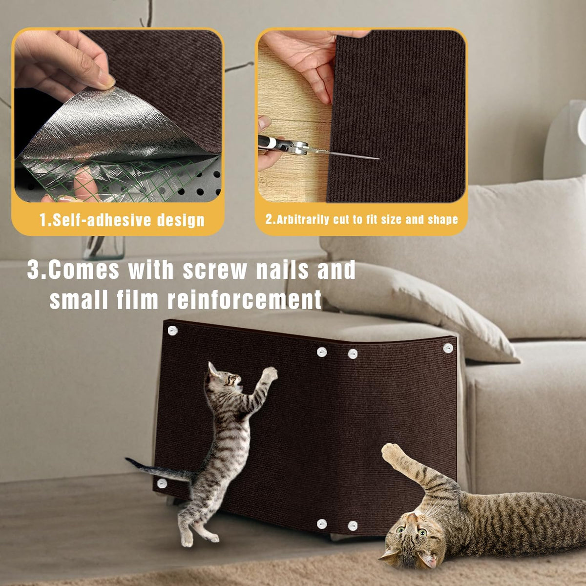 Cat Scratch Mat, 3PCS 39.4"x11.9" DIY Trimmable Self-Adhesive Cats Scratching Mat, Couch Protector from Cats Claw, Cat Scratch Furniture Protector Or Couch Protector (Brown)