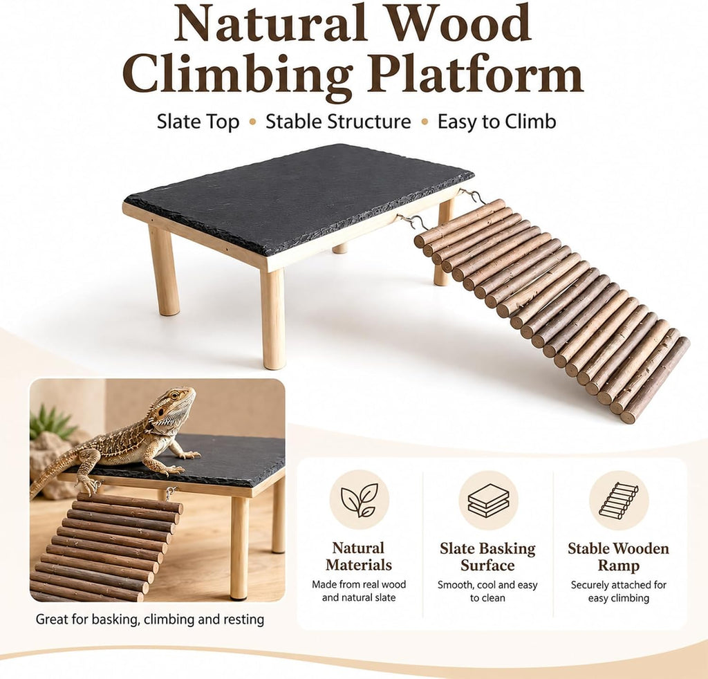 Bearded Dragon Basking Platform with Climbing Ramp, Wooden Bearded Dragon Platform Reptile Basking Platform with Slate Stone for Bearded Dragons Leopard Geckos Lizards Turtles Hamsters A