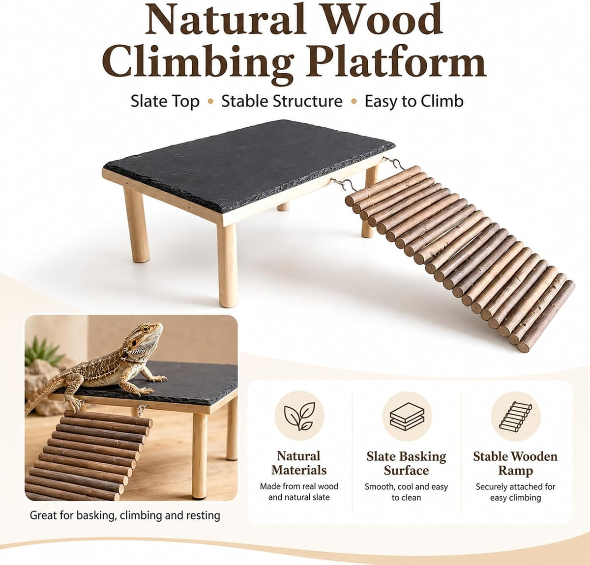 Bearded Dragon Basking Platform with Climbing Ramp, Wooden Bearded Dragon Platform Reptile Basking Platform with Slate Stone for Bearded Dragons Leopard Geckos Lizards Turtles Hamsters A