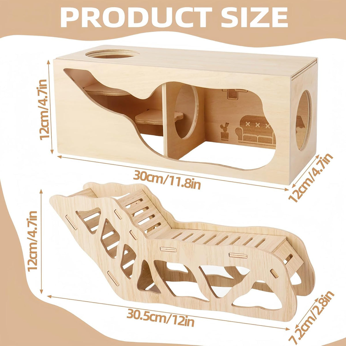 2Pcs Hamster House and Tunnel, Wooden Exploring Tunnel with Ladder, Small Animal Playground Exploring Toys for Syrian Dwarf Hamsters Gerbils Guinea Pig(Style1)