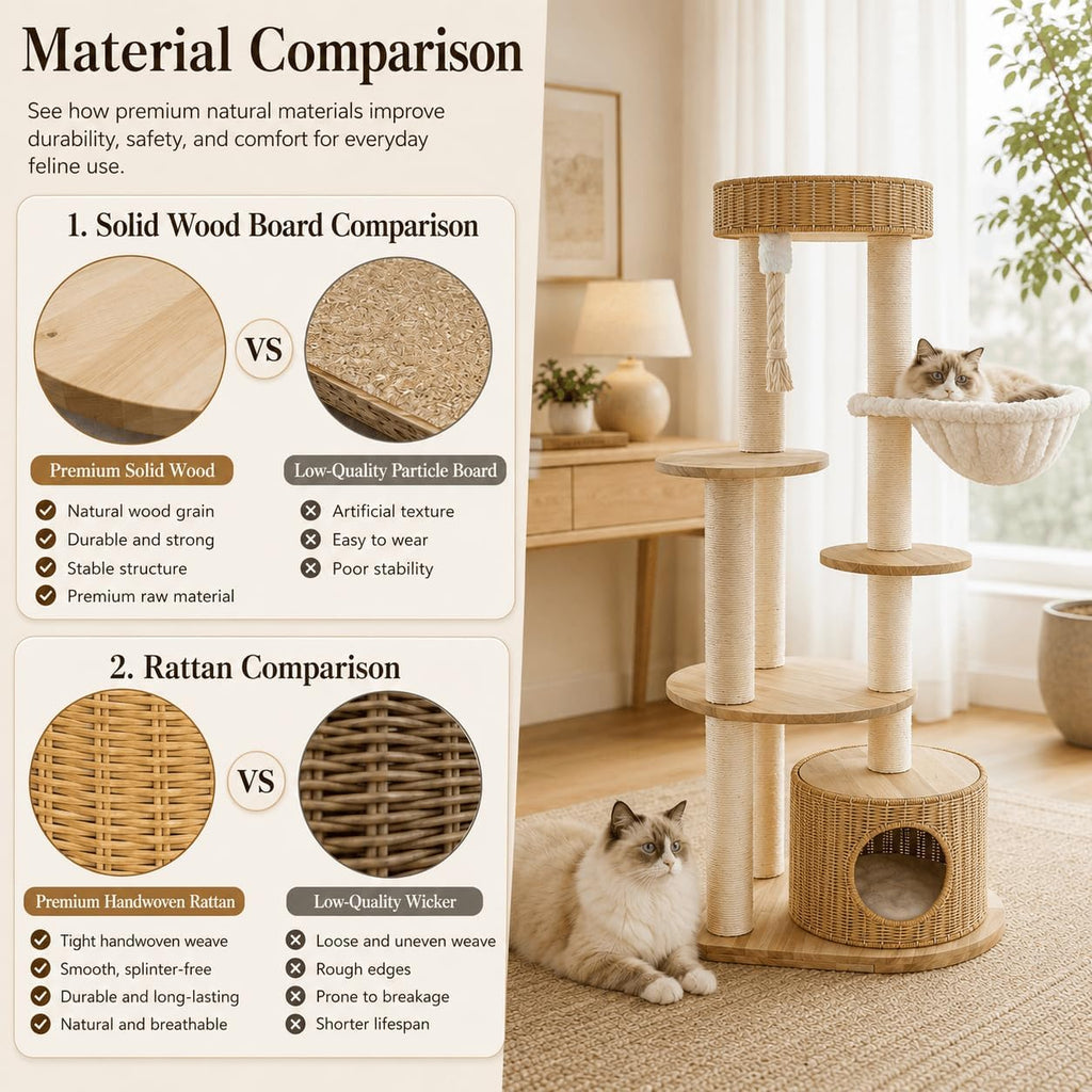 53'' Solid Wooden Cat Tree for Indoor Cats，Modern Large Cat Tower