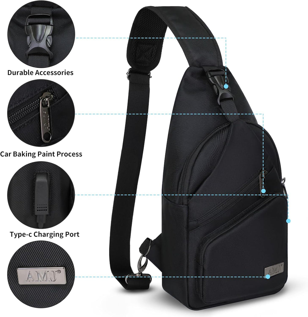 Sling Bag for Men, Upgraded Type-C Charging Port Casual Shoulder Chest Bag, Crossbody Sling Bag, Casual Shoulder Backpack, Chest Daypack Satchel for Hiking Travel (Black, Small)
