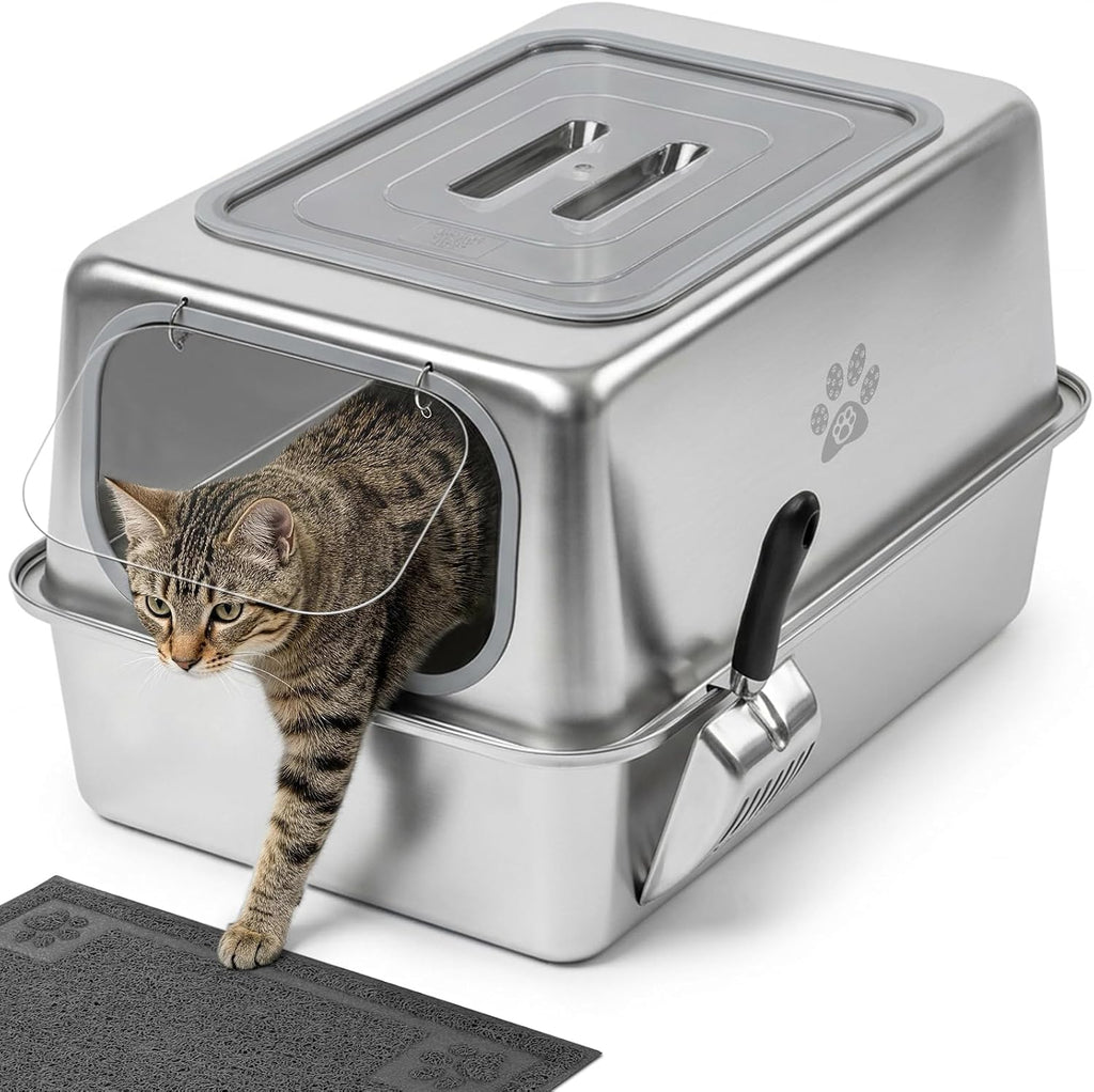 Ptlom Enclosed Stainless Steel Litter Box for Large Cats, Leak-Proof Metal Cat Toilet with Lid, Ventilated Top Opening Covered Cat Pan High Sided Walls, Scoop & Litter Mat, 20.8" x 13.0" x 13.1"