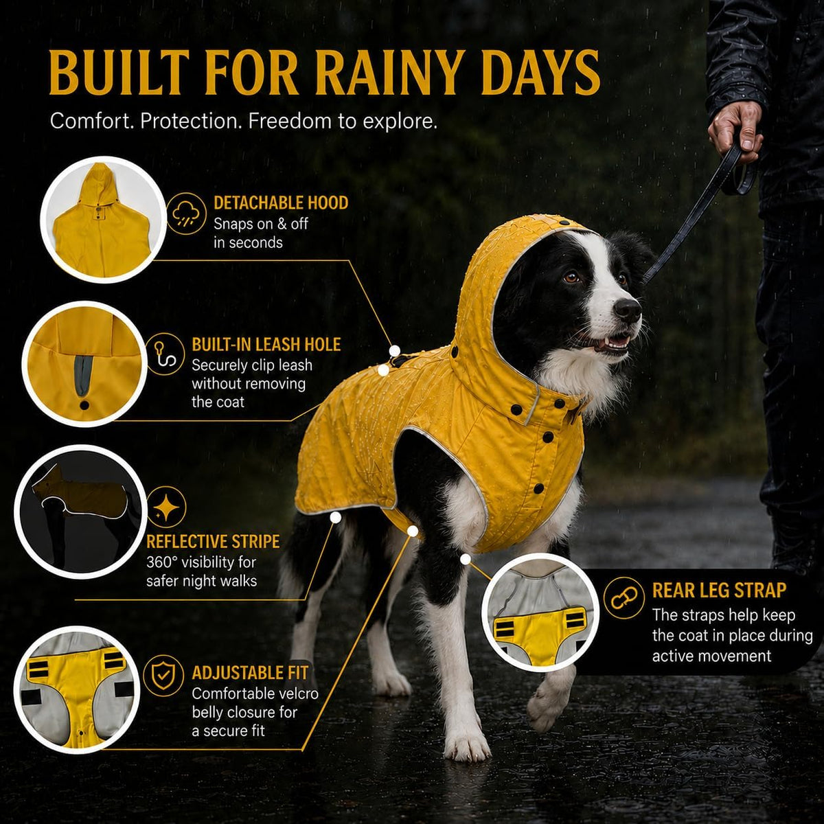 Dog Raincoat for Medium to Large Dogs, Waterproof Rain Jacket with Hood, Reflective, Adjustable, Leash Hole, Yellow