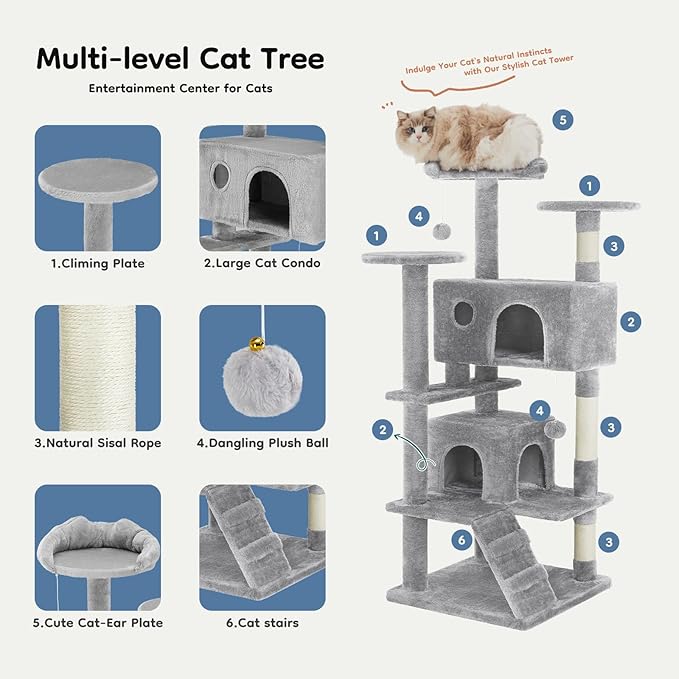 DUMOS 54-inch Indoor Cat Tree Tower –Multi-Level Pet House - Image 4