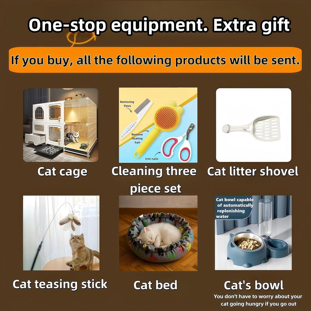 Indoor cat cage with Litter Box,Complimentary Cat Bed,Bow,lcat House with Wheels Outdoor,Large cat Villa Playpen,Small Animal Dog Kennel cat enclosures(42″(L) x18.2″(W) x32.4″(H))