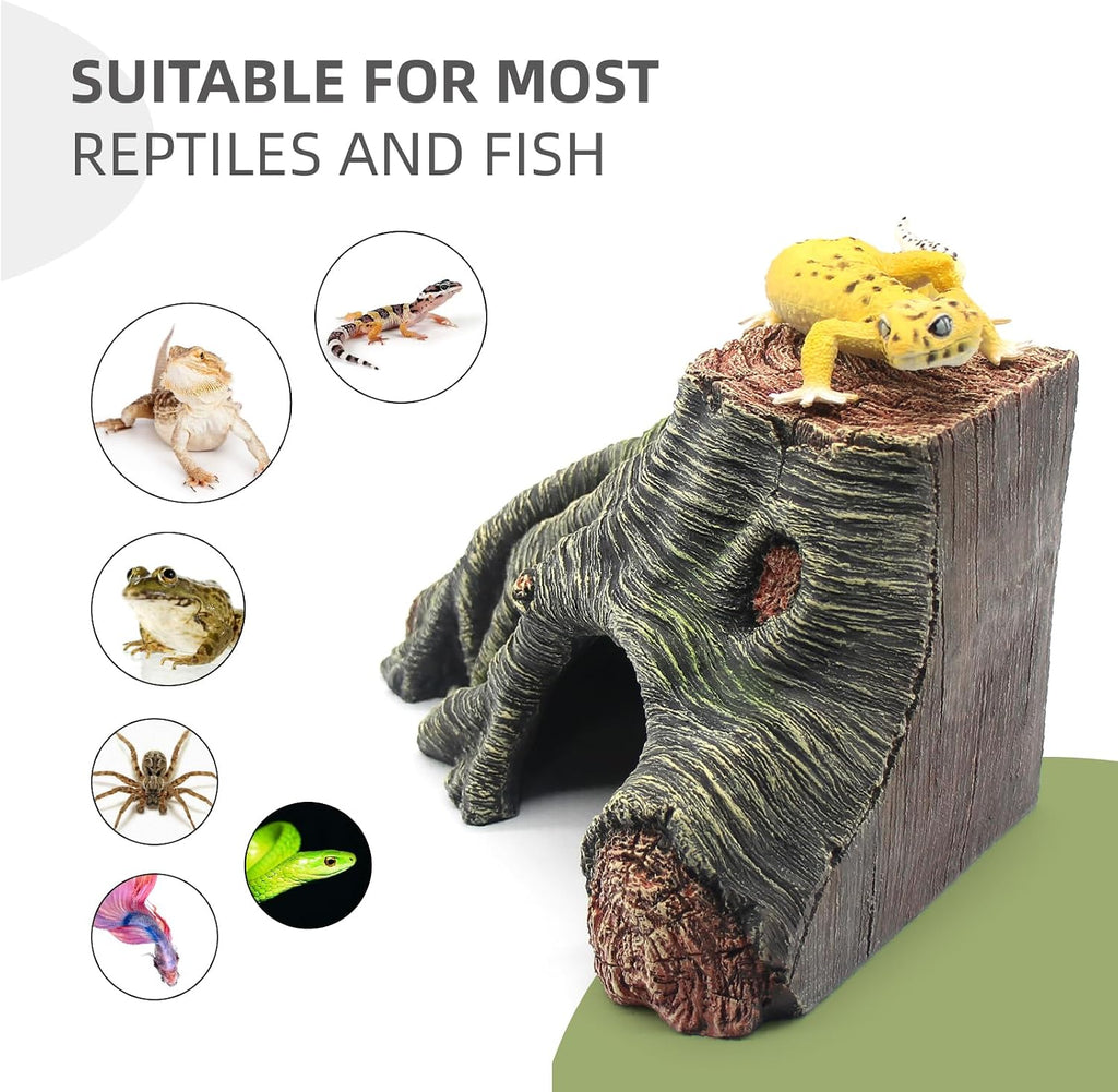 Reptile Hideouts Cave Habitat Decor, Hollow Tree Climing Ramp Basking Platform for Reptiles, Amphibians, Fish Tanks and Leopard Gecko, Snake, Lizard