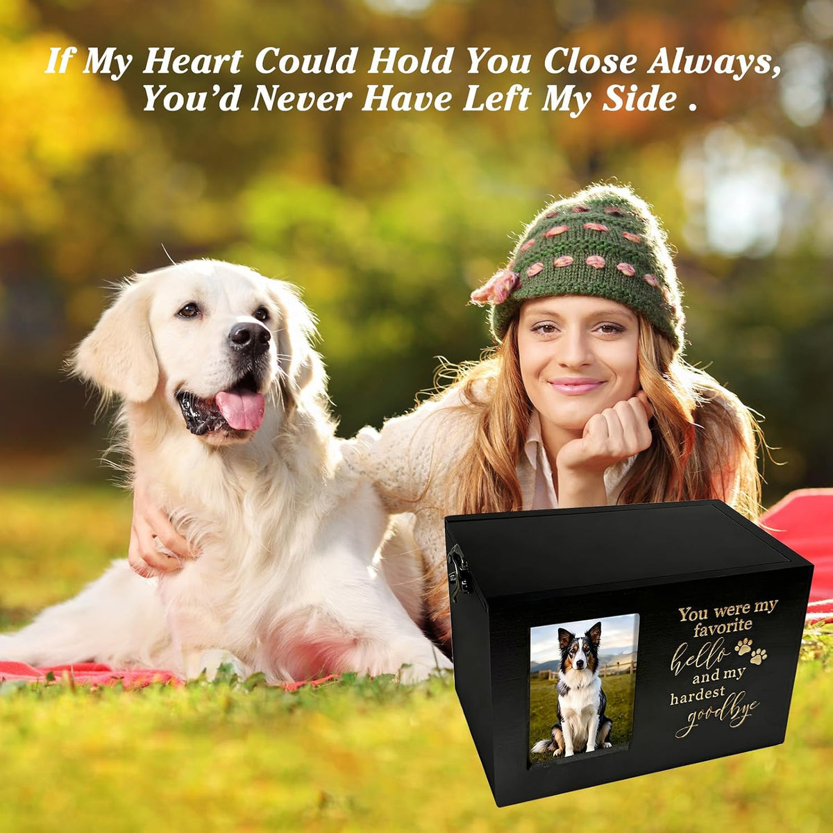 Dog Urn,Pet Urns for Dogs, Up to 80lb Pets,Pet Urn, Dog Urns for Ashes & Cat Urn, Medium Wooden Memorial Box with Photo Frame, Black Flannel Lining