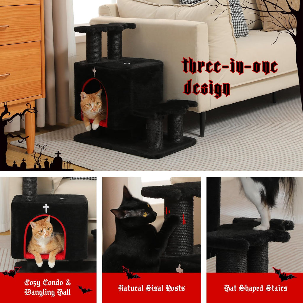 Gothic 3-in-1 Cat Stairs with Scratching Post & Condo, Pet Steps