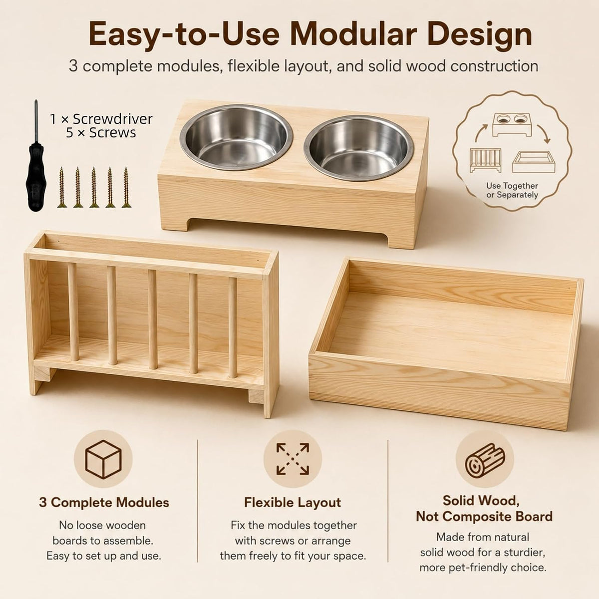 3 in 1 Rabbit Hay Feeder with Litter Box and 2 Bowls, Solid Wood Bunny Feeder Station with Adjustable Metal Hay Rack, Water Feeder, Cleaning Kit for Rabbits, Guinea Pigs, Chinchillas, Hamsters