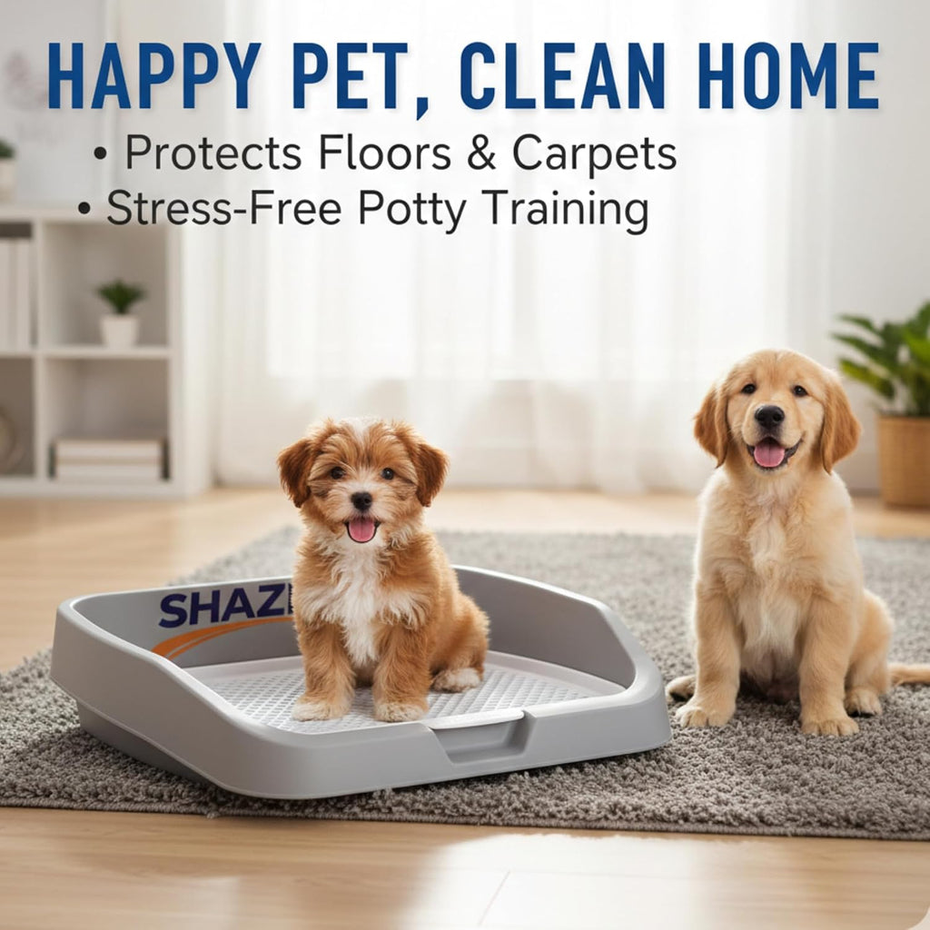 Dog Pee Pad Holder Tray with Raised Non-Locking Grate, Indoor Puppy Potty Training Pad Holder, Removable Training Post, Leak-Proof Design for Small to Medium Dogs, 21" L x 5" W x 17" H