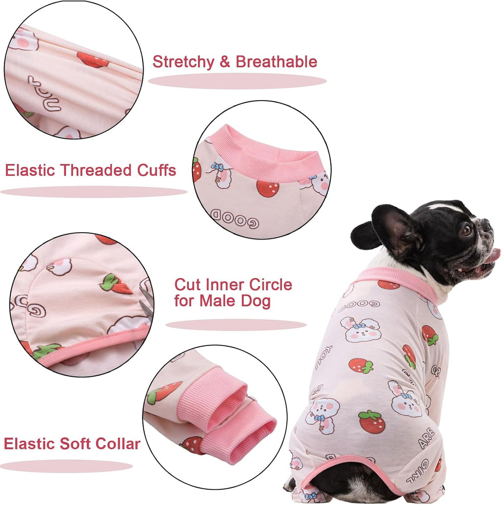 Dog Recovery Suit for Surgery - Soft Onesie, Cute Pajamas Bodysuit, Cone Alternative - Prevent Licking - Female/Male (Small, Bunny Strawberry)