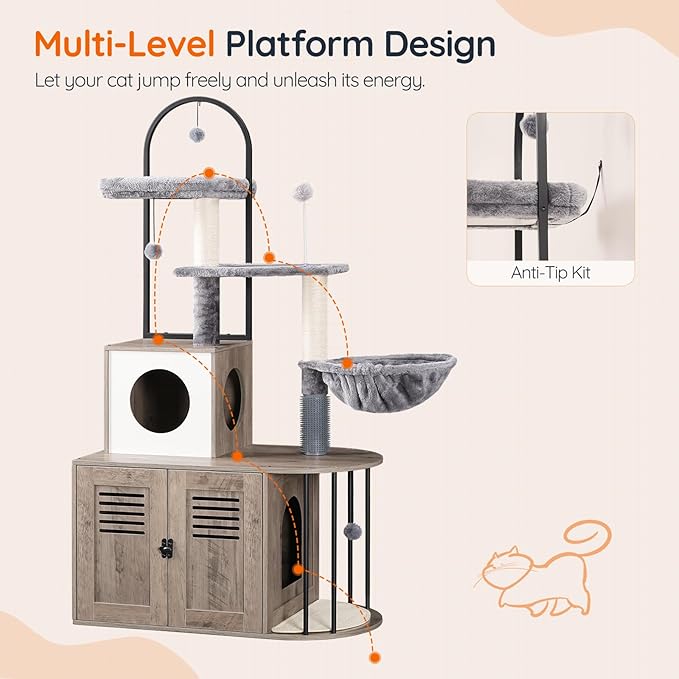 HOOBRO Cat Tree with Litter Box Enclosure, Arched All-in-One 31.5" Cat Tower - Image 9
