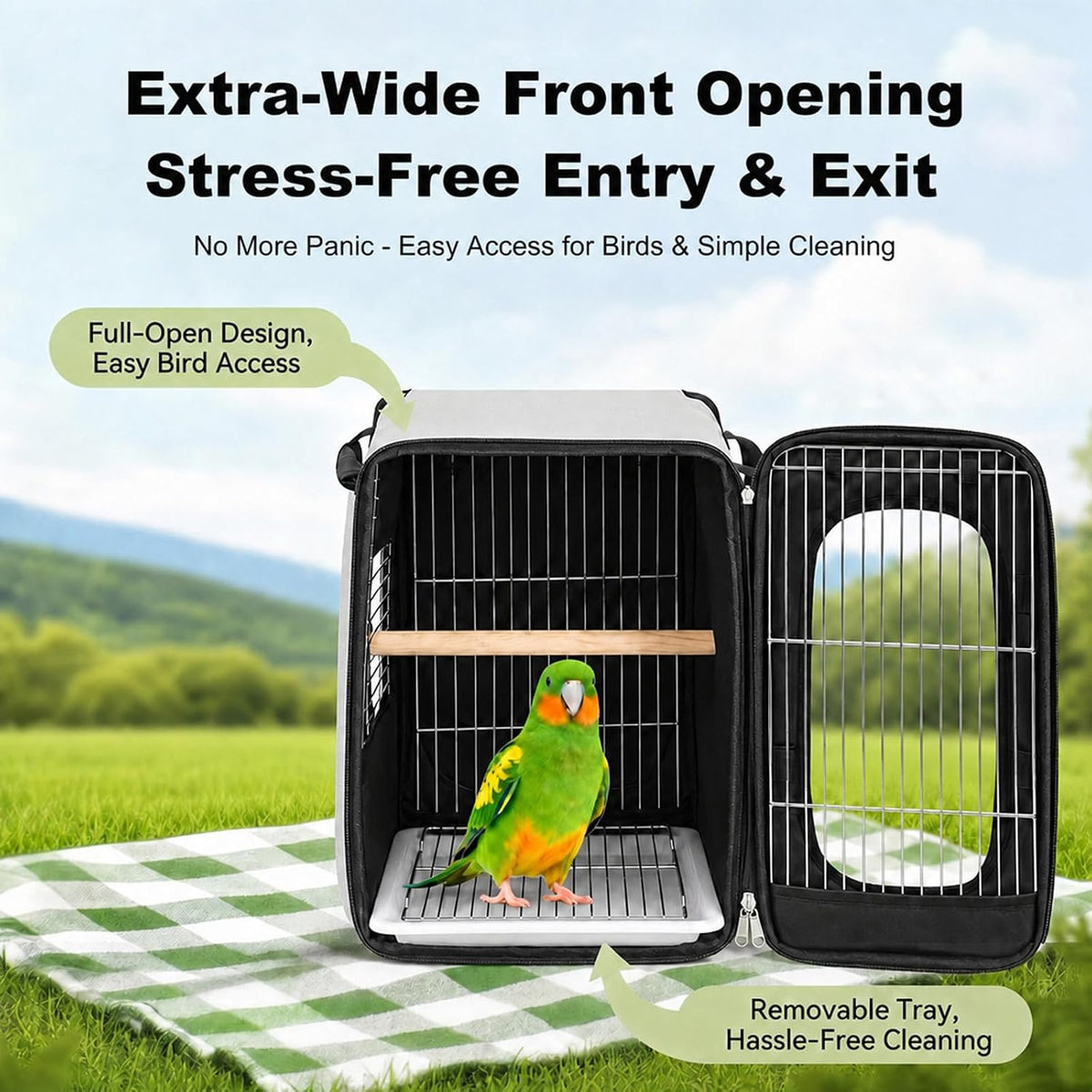 Bird Carrier Backpack, Breathable 3-Side Metal Mesh Bird Cage with Skylight, Large Opening Portable Travel Pet Cage for Parrot, Parakeet, Wildbird,Gray,Luxury